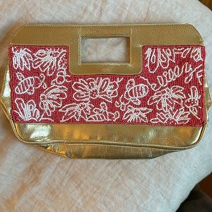Lilly Pulitzer Buzzworthy Beaded Clutch Purse hotty pink/metallic gold